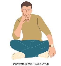 a young guy is sitting on the floor in a lotus position. Flat vector illustration