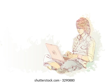 Young guy sitting on the floor with his laptop. Vector illustration