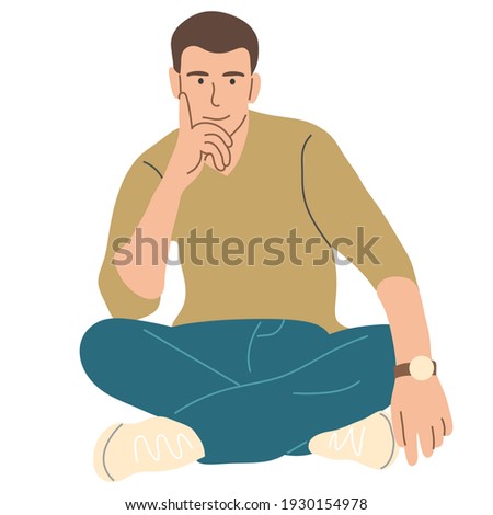 a young guy is sitting on the floor in a lotus position. Flat vector illustration