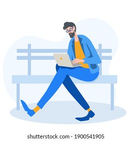 A young guy is sitting on the street on a bench with a laptop. The working process. Technology, freelance and business. Vector illustration in flat style.