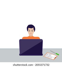 Junge Leute, die an einem Arbeitstisch sitzen, Laptop - Vektorgrafik.