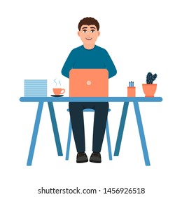 The young guy is sitting at the workplace, Happy man work in office, businessman working behind a laptop, character in cartoon style, freelancer vector illustration isolated on white background