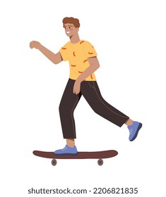 Young guy skater. Teenager rides skateboard. Active lifestyle, leisure, recreation and hobbies. Enjoy hobbies and having fun. Urban sportive citizen concept. Cartoon flat vector illustration