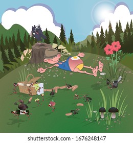 a young guy sleeps in a forest in nature when insects have a picnic out of his products.