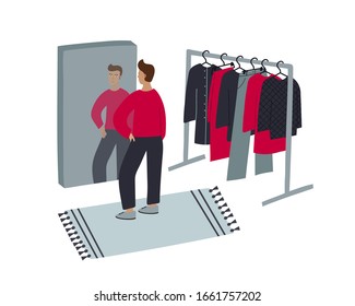 Young guy smile and look at mirror in fitting room or at home choosing his outfit getting ready to go out Cartoon people character flat vector everyday life style fashion illustration Apparel shopping