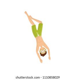 Young guy snorkeling in sea. Smiling teenager boy in green swimming shorts and diving mask. Summer vacation. Flat vector design