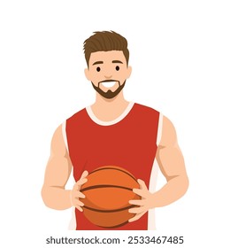 Jovem de pé com uma bola de basquete. Ilustração de vetor plano isolada no plano de fundo branco