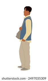 Young guy standing in casual clothes with bag side view. College, university student. Vector realistic illustration isolated on white background.