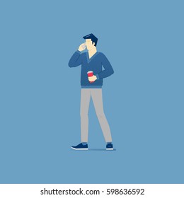 A young guy standing with coffee paper cup and talking on cellphone. Vector illustration of coffee break. Isolated on blue background