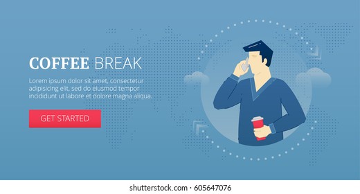 A young guy standing with coffee paper cup and talking on cellphone. Vector illustration of coffee break. Banner template of taking break