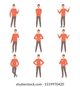 Young guy is standing in different poses. Vector illustration in cartoon style.