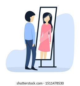 A Young Guy Is Standing In Front Of A Mirror. Transgender Does Not Accept His Body. Gender Change. Man Wants To Change Sex. Flat Vector Illustration.