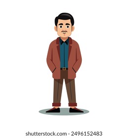 A young guy is standing in a jacket, with his hands in his pockets. A simple vector illustration of a cartoon-style man on a white background.