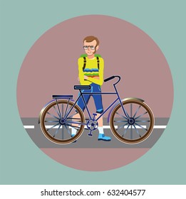 Young Guy Standing on the Road with a Bicycle. Vector Illustration