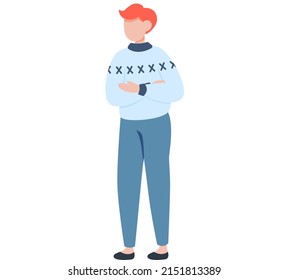 Young guy standing and talking isolated on white background. Man is looking at something behind him. Male alone character. Person stands in full growth crossed his hand up, makes gesture and speaks