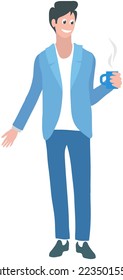 Young guy standing and talking isolated on white background. Man is looking at something behind him. Male alone character. Person stands in full growth holds cup in hand, makes gesture and speaks