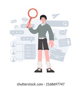 A young guy stands in full growth and holds a magnifying glass in his hands. HR. Element for presentations, websites. Vector illustration