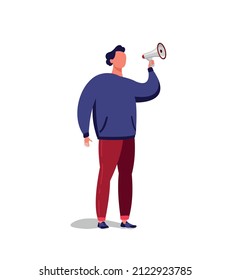 young guy stands, holds a megaphone, a man makes an announcement, isolated flat vector illustration