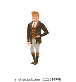 Young guy in steampunk clothes. Man in jacket, shirt with red tie, vest, pants and boots with gears. Flat vector design