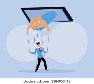 Young guy at strings. Manipulation and control 2D flat vector concept for banner, website, illustration, landing page, flyer, etc