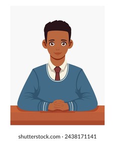 Young guy, student, African American, sitting at a desk. Concept of acquiring a profession, study, work, skills. Vector.