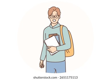 Um jovem estudante com livros e mochila está se preparando para fazer uma caminhada do campus para a faculdade ou universidade. Estudante ou estudante do ensino médio pronto para exames sorrindo e olhando para a câmera