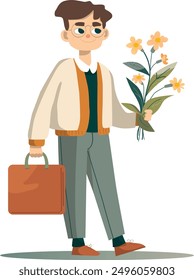 A young guy student with flowers goes to a meeting, illustration for a gift card, cute guy with flowers