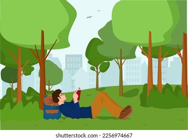 A young guy, a student reading a book, is engaged in the park, lying on the grass. Vector illustration.