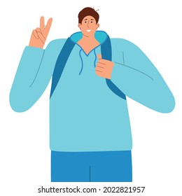 Young guy student shows hand gesture victory. Vector illustration in a flat style.