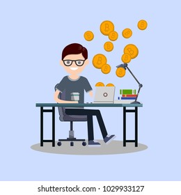 a young guy student sitting at the computer. freelance work at home. earnings on the Internet. the bitcoin blockchain technology. clearing settlement - cartoon flat illustration