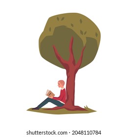 Young guy student sitting on the grass with a book and reading, flat vector illustration isolated on white background. College or university campus student character.