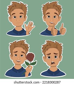 A young guy in the style stickers  in different poses pack three