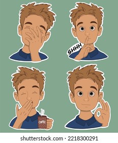 A young guy in the style stickers  in different poses pack first