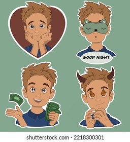 A young guy in the style stickers  in different poses pack two