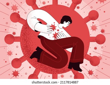 Young guy is suffering from pneumonia or other lung damage due to a viral infection. Man holds on to a chest infected with a virus. The concept of protection against coronovirus or tuberculosis