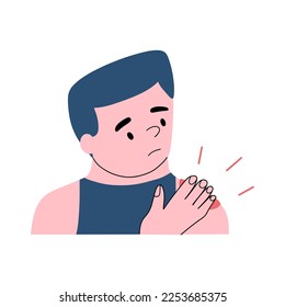 A young guy is suffering from shoulder pain. Trauma, inflammation of the shoulder. Vector hand drawn illustration