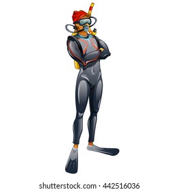 A young guy in a suit diver. A flirtatious man in a water suit isolated on a white background. Vector cartoon close-up illustration.