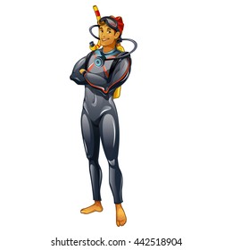 Un chico joven en traje de buceador. Un hombre coqueto en un traje de agua aislado en un fondo blanco. Vector de dibujos animados de primer plano.
