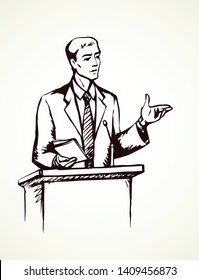 Young guy in suit at wooden platform pulpit on white press interview scene background. Line black hand drawn spokesman symbol pictogram in modern art doodle cartoon style pen on paper space for text