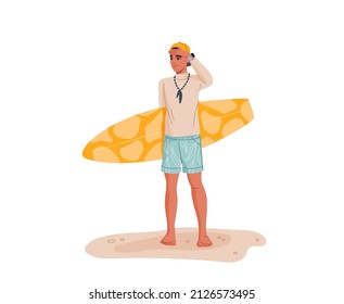 Young Guy With Surfboard. Teenager Boy Surfer Flat Vector Character Standing On Beach, Holding Surfboard And Looking Into Distance With Hand At Forehead. Summer Travel And Vacation Surfing Activity