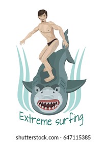 Young guy surfer rides a shark like on the Board