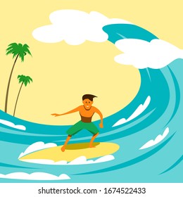 Young guy surfing on the background of billowing waves and palm trees. Summer fun, cartoon illustration.