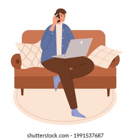 Young guy talking on the phone and sitting on the couch with a laptop.Scandinavian style.Minimalisn.Flat style modern design for web page, social media, poster.