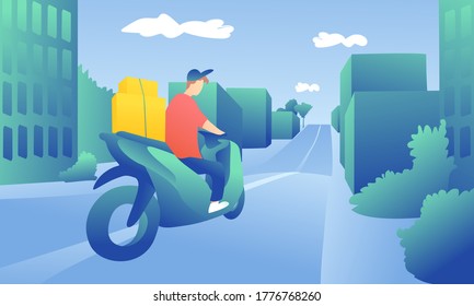 A young guy with a thermal bag rides fast against the backdrop of home and trees. Fast delivery concept. A male courier is carrying an order.