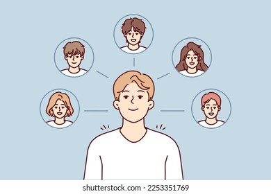 Young guy thinks about college friends and wants to meet or have party together. Faces of boys and girls of high school students near student with smile remembering classmates. Flat vector image