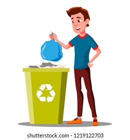 Young Guy Throwing Trash Bags Into Container Vector. Isolated Illustration