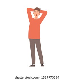 Young guy is tired and yawns. Vector illustration in cartoon style.