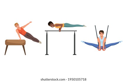 Young Guy Training on Different Gymnastics Apparatus Like Pommel Horse and Rings Vector Set