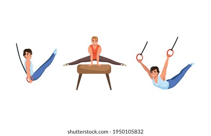 Young Guy Training on Different Gymnastics Apparatus Like Pommel Horse and Rings Vector Set