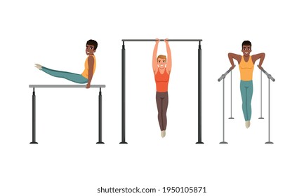 Young Guy Training on Different Gymnastics Apparatus Like Horizontal and Parallel Bars Vector Set